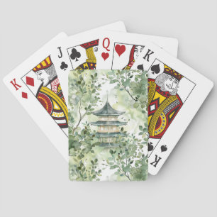 Baraja De Cartas Pagoda asiática acuarela en paisaje verde (13)