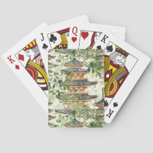 Baraja De Cartas Pagoda asiática acuarela en paisaje verde (16)