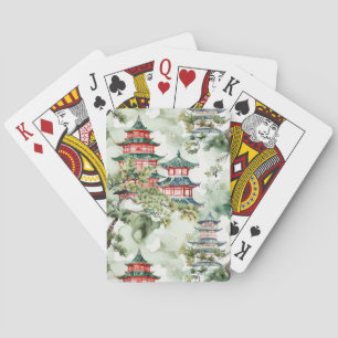 Baraja De Cartas Pagoda asiática acuarela en paisaje verde (4)