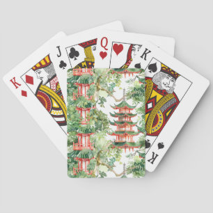 Baraja De Cartas Pagoda asiática acuarela en paisaje verde (9)