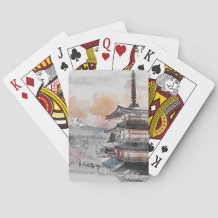 Baraja De Cartas Pagoda Japonesa & Fuji en Acuarela