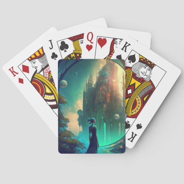 Baraja De Cartas Paisaje Futurista del Castillo de Fantasía (Reverso)
