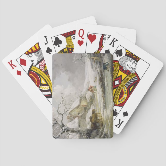 Baraja De Cartas Paisaje invernal con hombres que nevan a una ancia (Reverso)