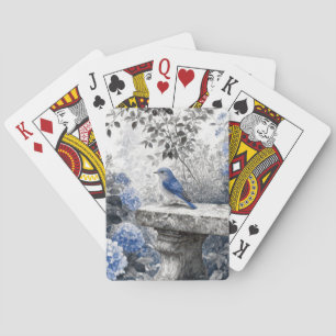Baraja De Cartas Pájaro Azul de Tinta China en un Banco de Jardín d