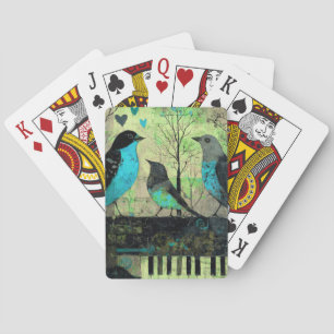 Baraja De Cartas Pájaros Cantores Azules Posados En Un Piano Antigu