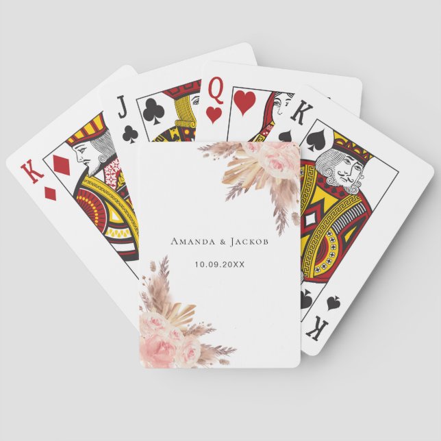 Baraja De Cartas Pampas rosa de boho dorado floral nombre blanco (Reverso)
