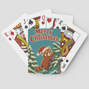 Baraja De Cartas Panda Rojo en el Borde de Pino Animal Navidad