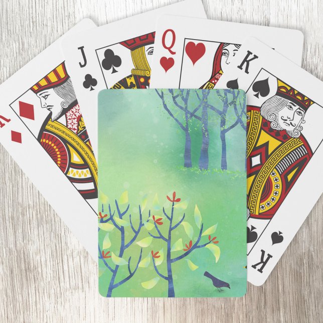 Baraja De Cartas Panorama de resumen verde moderno (Green moderbn abstract landscape with bird and trees art playing cards)
