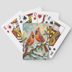 Baraja De Cartas Pare de cardenales vintage en rama de acebo nevada