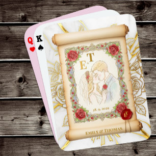 Baraja De Cartas Pareja de Besado Monogramada, Rosas, Boda Scroll