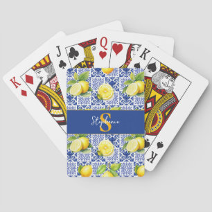 Baraja De Cartas Patrón de Baldosa de Limón Azul Blanco Monograma N