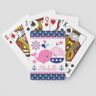 Baraja De Cartas Patrón de ballenas náuticas rosadas y anclas