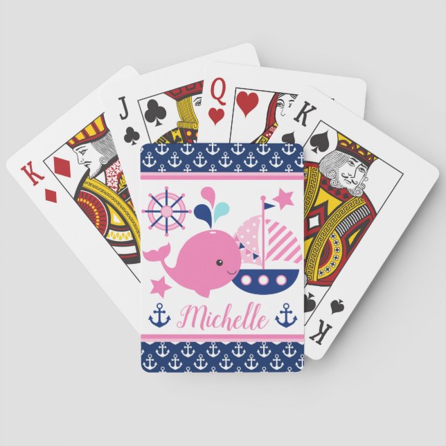 Baraja De Cartas Patrón de ballenas náuticas rosadas y anclas (Reverso)