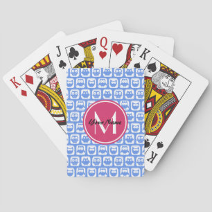 Baraja De Cartas Patrón de búho azul Personalizado rosado Monograma