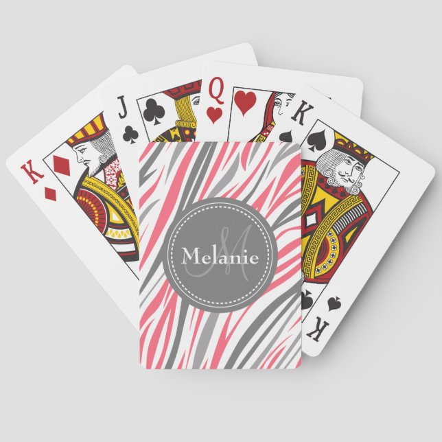 Baraja De Cartas Patrón de cebra rosa y gris monogramado (Reverso)