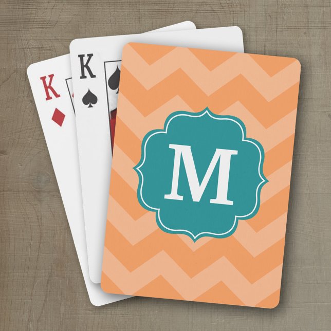Baraja De Cartas Patrón de cheurón con monograma - Azul Verde azula (Personalized playing cards with an area for text such as a name or monogram)