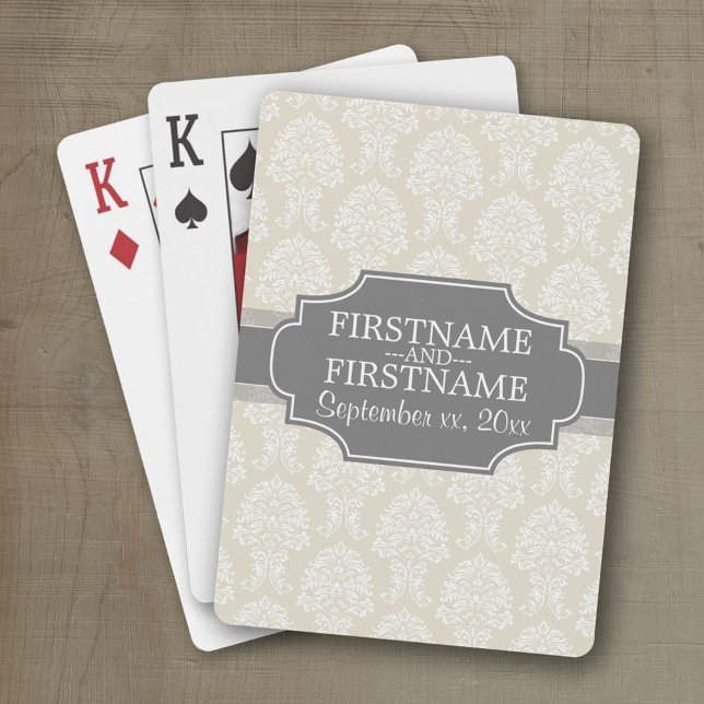 Baraja De Cartas Patrón de Damasco de Linen Beige y Carbón (Wedding and Anniversary Playing Cards - Personalize with your information)