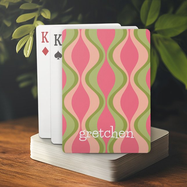 Baraja De Cartas patrón de groovía retro - monograma - rosa oliva (Personalized playing cards)