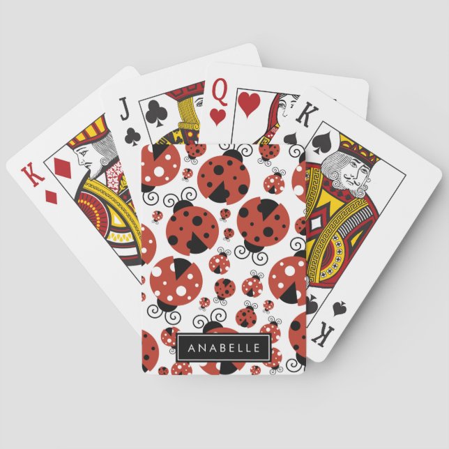 Baraja De Cartas Patrón de Ladybugs, Ladybugs Rojos, Tu Nombre (Reverso)