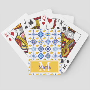 Baraja De Cartas Patrón de limón de país francés azul Monograma nom
