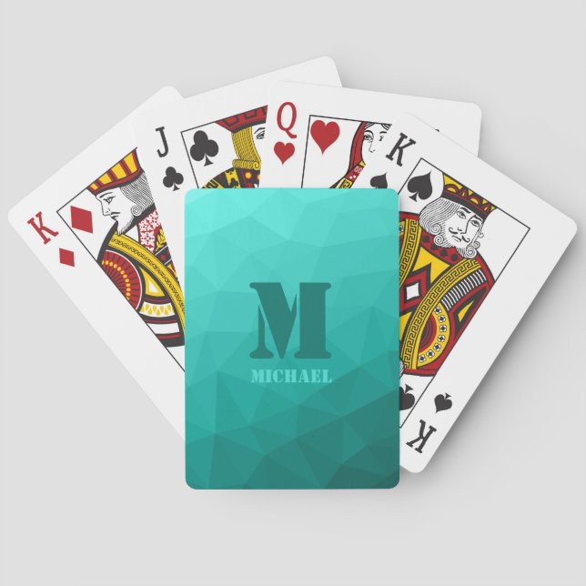 Baraja De Cartas Patrón de malla geométrica turquesa Monograma (Reverso)