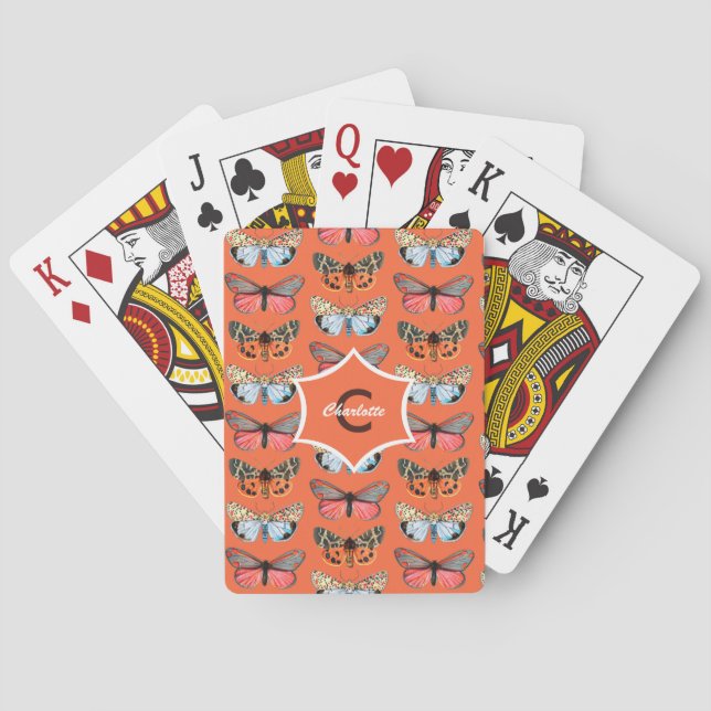 Baraja De Cartas Patrón de mariposa Elegante Monogramado (Reverso)