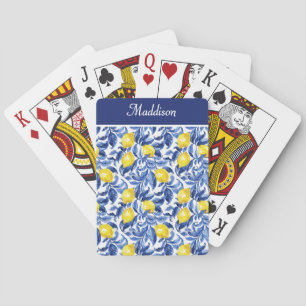 Baraja De Cartas Patrón de Monograma de Limón Acuarela Azul