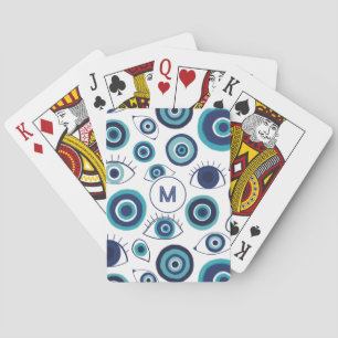 Baraja De Cartas Patrón de Ojo Griego Maligno Blanco Azul Monograma