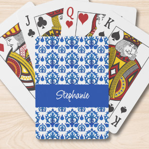 Baraja De Cartas Patrón de Toile Francés Azul con Monograma de Nomb