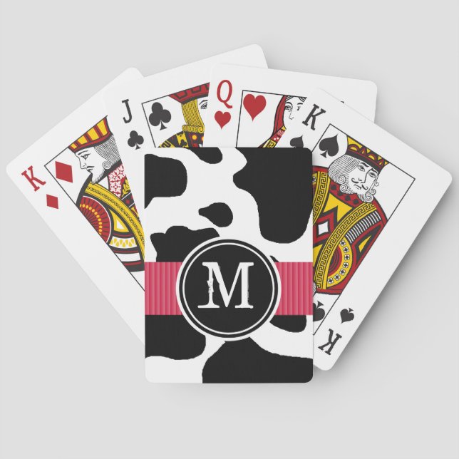 Baraja De Cartas Patrón de vaca lechera con monogramado rojo (Reverso)