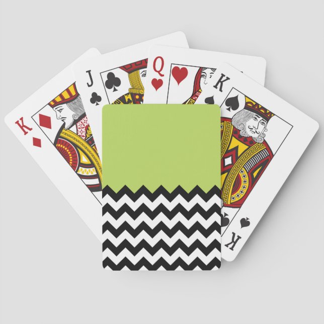 Baraja De Cartas Patrón de zigzag negro y blanco, chevron, verde (Reverso)
