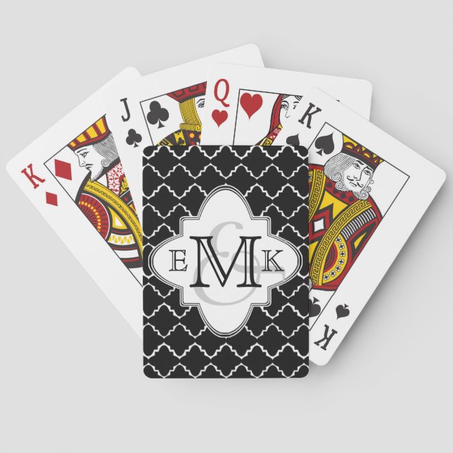 Baraja De Cartas Patrón elegante de cuatrefoil - Blanco negro (Reverso)