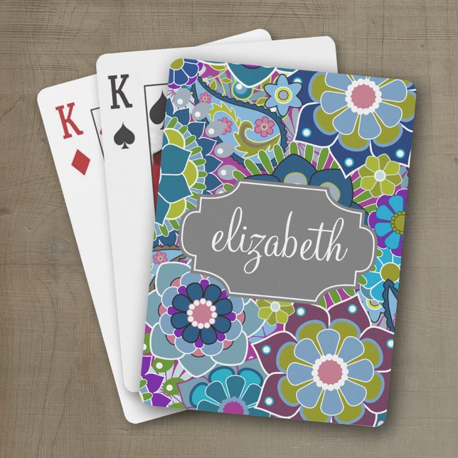 Baraja De Cartas Patrón floral funky con nombre personalizado - gri (Personalized playing cards with an area for text such as a name or monogram)