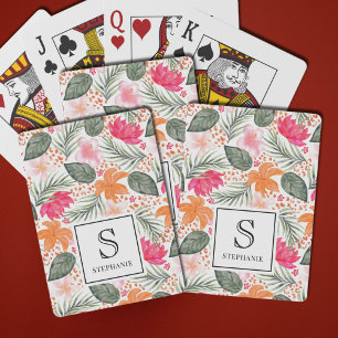 Baraja De Cartas Patrón floral tropical de acuarela con monograma