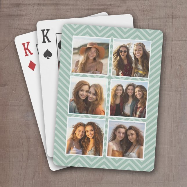 Baraja De Cartas Patrón Mint Chevron con Collage de fotos Trendy 6 (Personalize this set of playing cards with a photo collage and and chevron pattern)