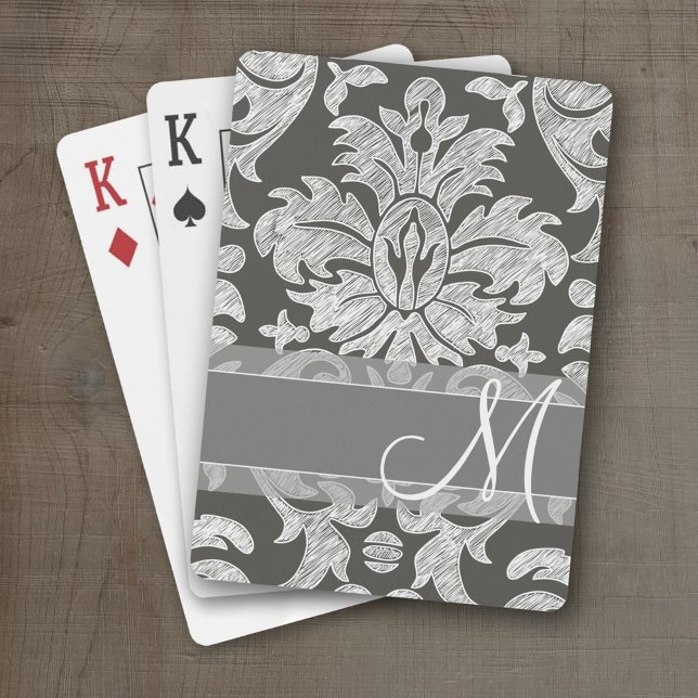 Baraja De Cartas Patrón moderno de Damasco - Carbón y gris (Personalized Playing Cards)