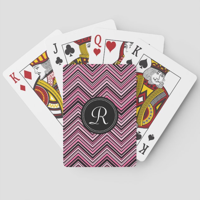 Baraja De Cartas Patrón Monogramado De Chevron Tribal Negro Rosa (Reverso)