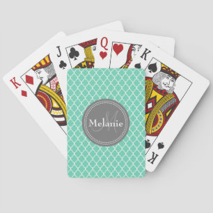 Baraja De Cartas Patrón Monogramado De Entramado Blanco Mint