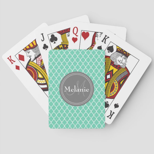 Baraja De Cartas Patrón Monogramado De Entramado Blanco Mint (Reverso)