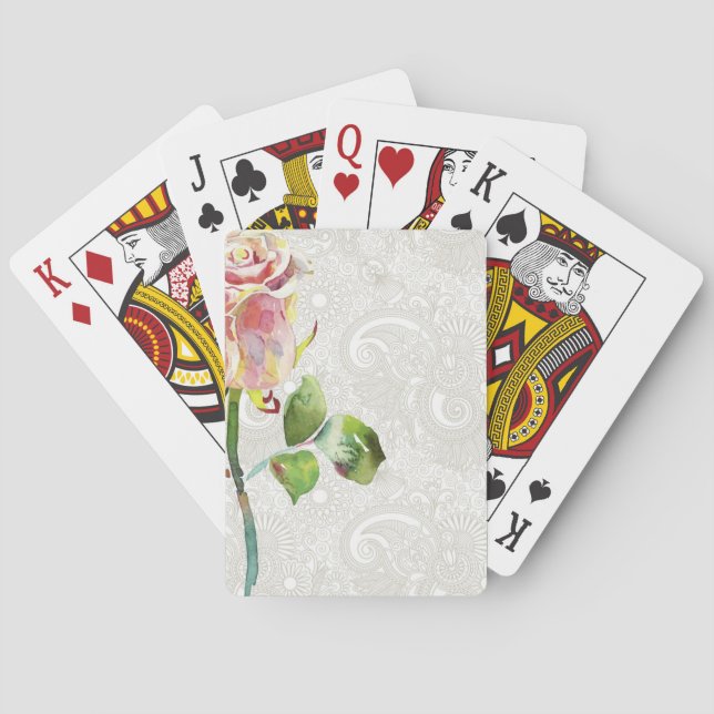 Baraja De Cartas Patrón Ornate Floral Con Rosa De Acuarela Rosa (Reverso)
