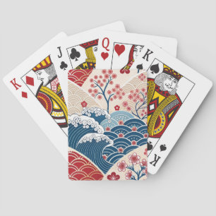 Baraja De Cartas Patrón Tradicional Rojo Azul Ola Japonesa Sakura