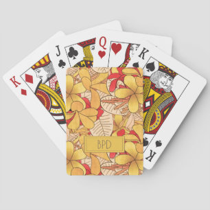 Baraja De Cartas Patrón Tropical Floral Monogramado Rojo Amarillo