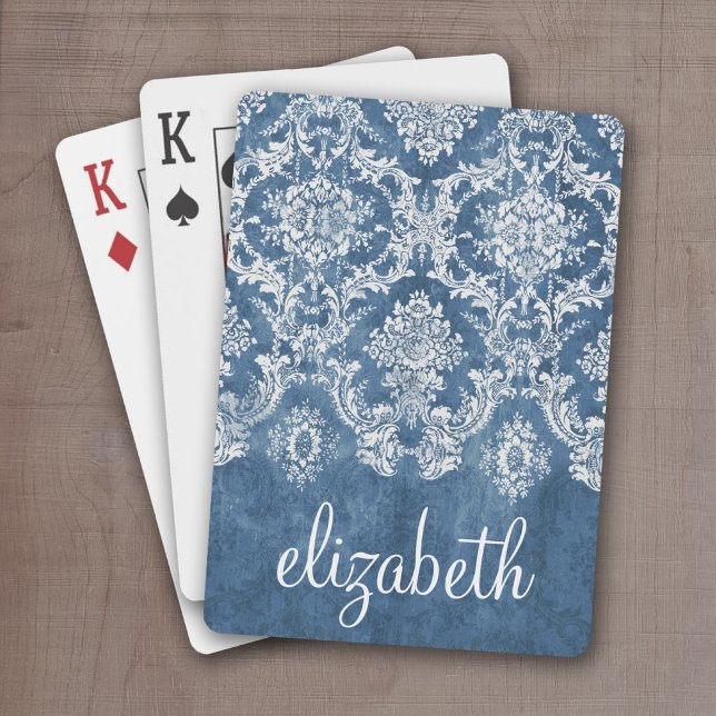 Baraja De Cartas Patrón y nombre de damasco azul de zafiro (Personalize this set of playing cards with a monogram and and shabby chic blue pattern)