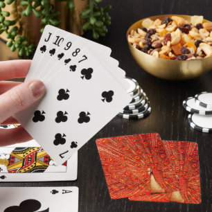Baraja De Cartas Pavo Real Rojo Mostrando Sus Plumas Rojas,  