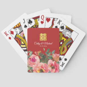 Baraja De Cartas Peonía floral doble felicidad boda china roja