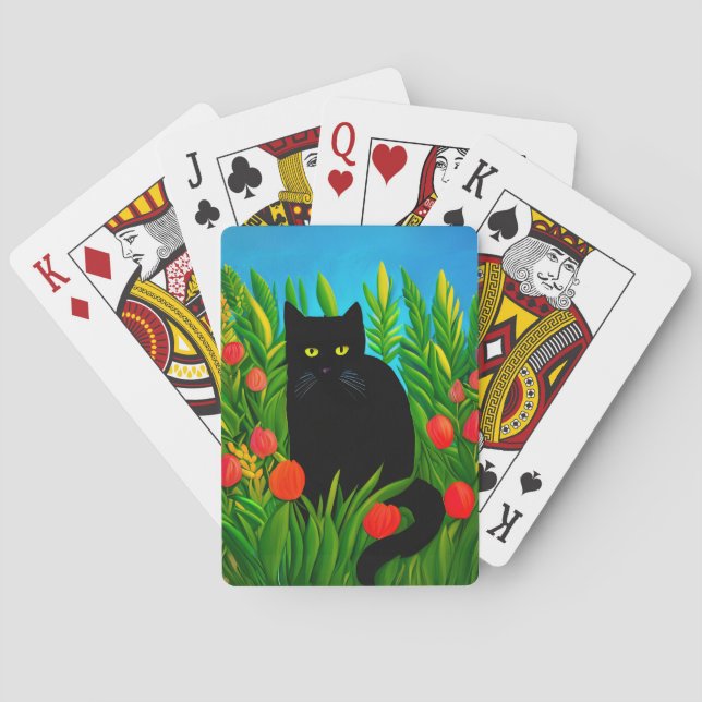 Baraja De Cartas Pequeño gato negro en un jardín de tulipanes (Reverso)