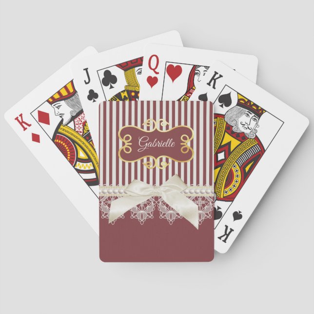 Baraja De Cartas Perlas y encaje Deep Red Stripes Bow y Name (Reverso)