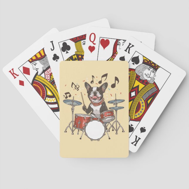 Baraja De Cartas Perro Boston Terrier tocando la batería (Reverso)