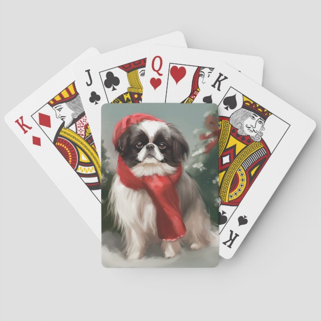 Baraja De Cartas Perro chino chino en Navidades de nieve (Reverso)