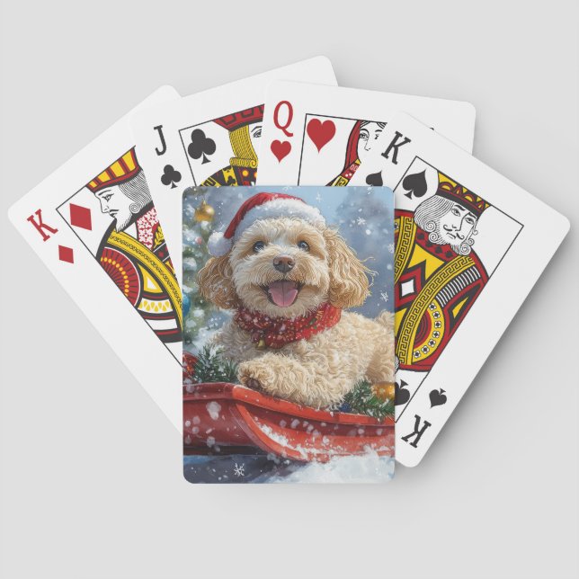 Baraja De Cartas Perro Cockapoo en Trineo Deja que Nieve Navidad (Reverso)